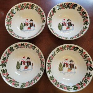 Set of 4 GEI Christmas Snowman Family Cereal Soup Stoneware Bowls Holly Leaf